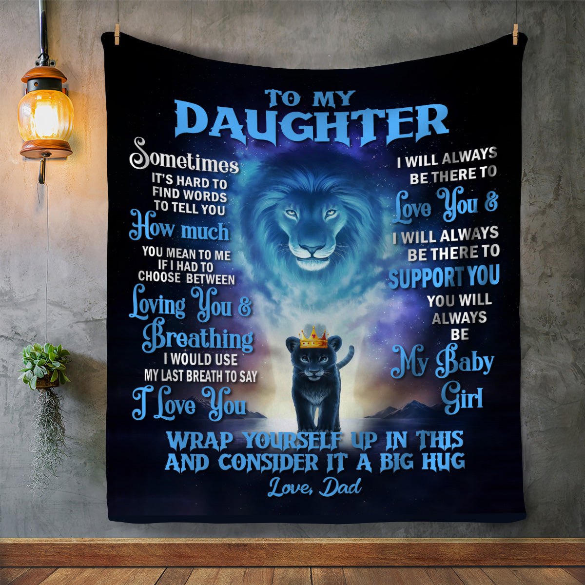 Daughter blanket used as wall art blue lion with cub