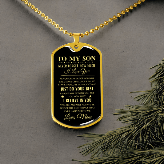 Black and gold dog tag necklace to son from mom