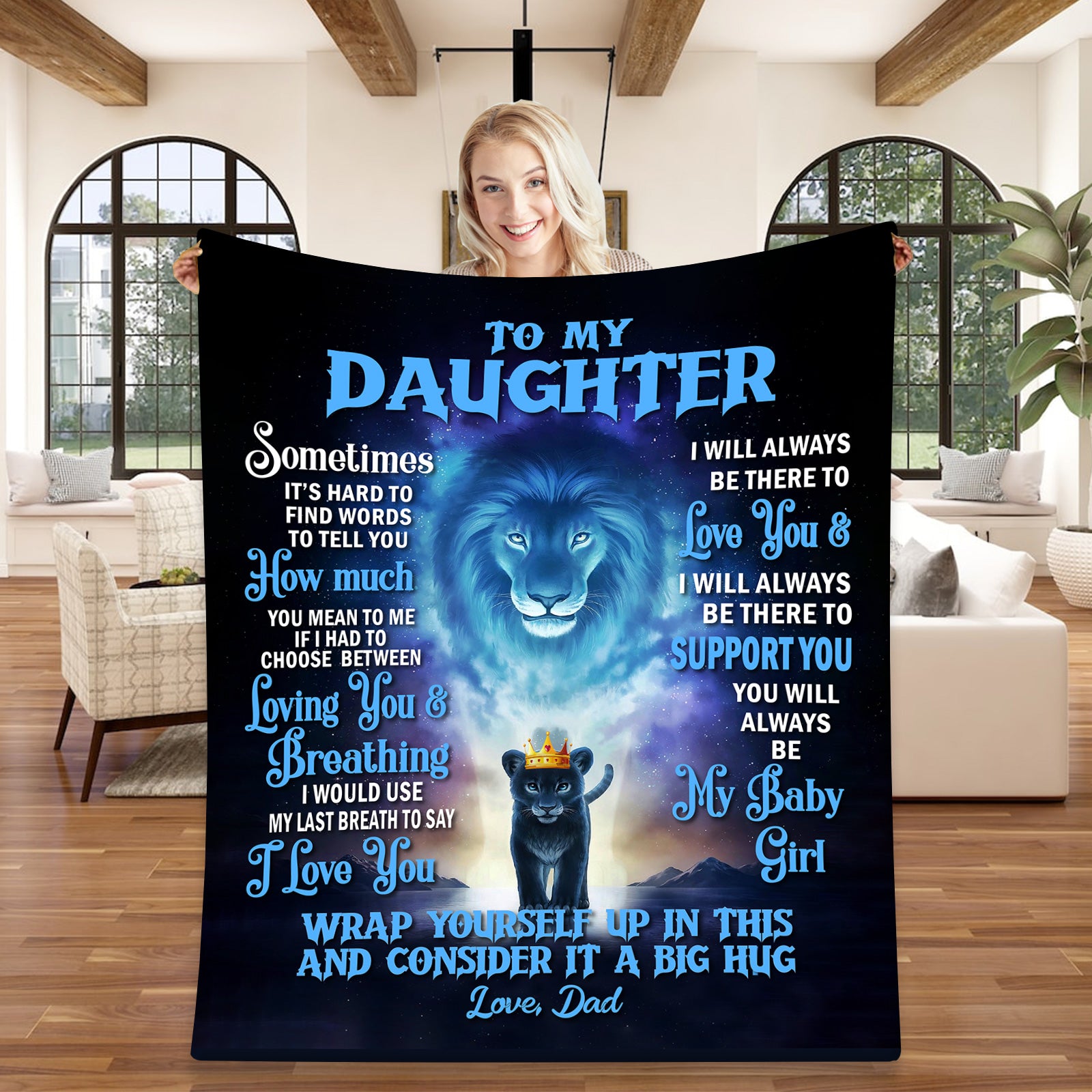 Young lady holding up blanket for daughter from dad. blue lion with cub
